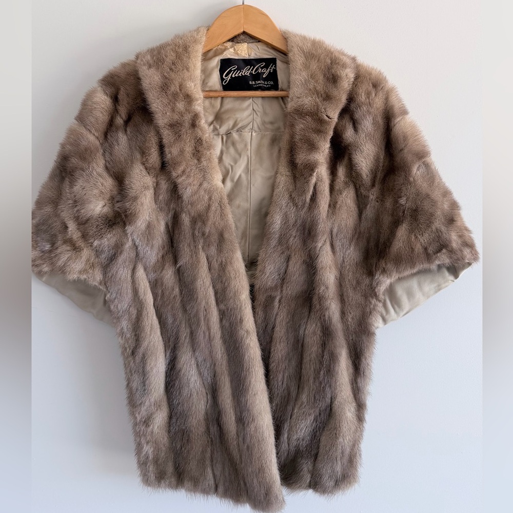Vtg Guild Craft Mink Fur Stole Jacket Brown ShortSleeve Open Front Handmade XS-M